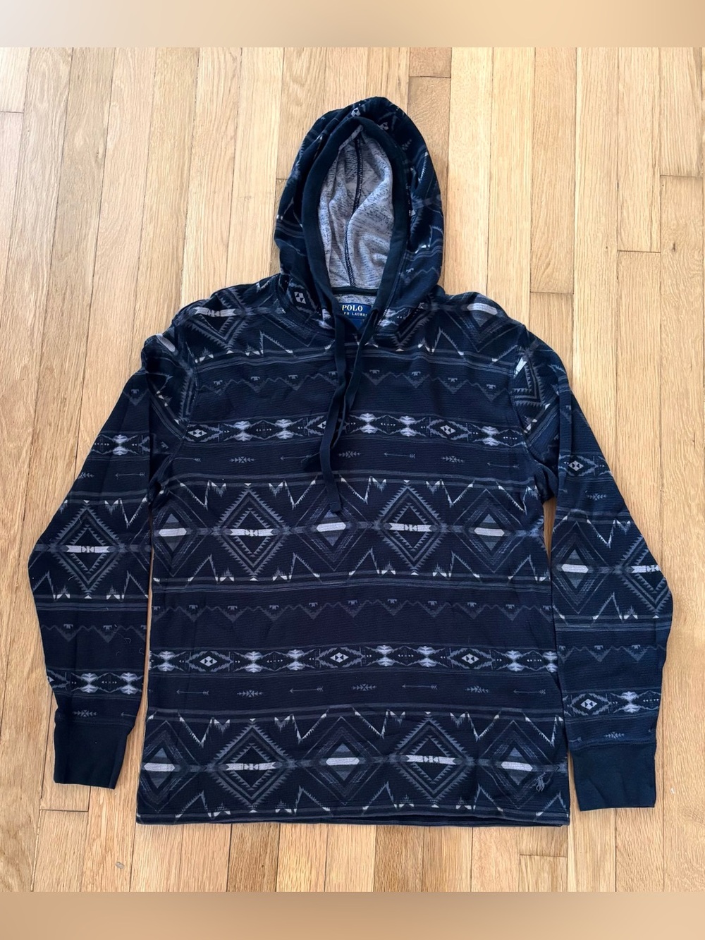 Polo Ralph Lauren Aztec Southwestern Hoodie Mens L Black Lightweight Sweatshirt